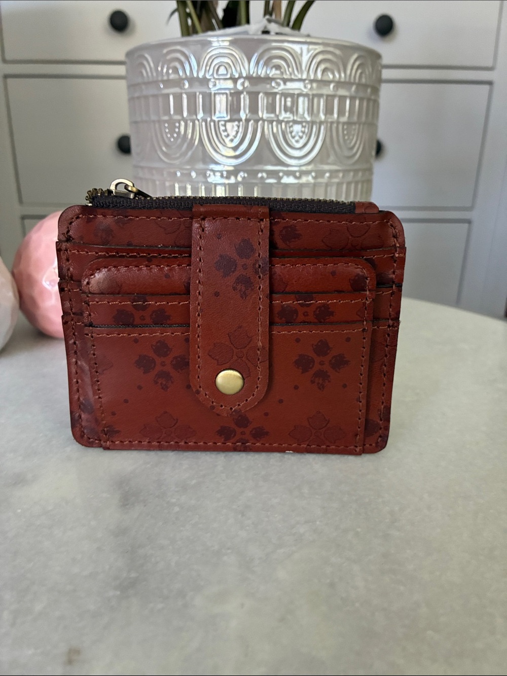 Patricia Nash Rustic Brown Floral-Stamped Leather Card Wallet